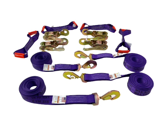 Diamond Weave - 8 Point 14' Strap Kit - Rollback/Flatbed Tie Downs with Twisted Snap Hook