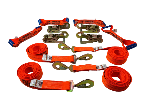 Diamond Weave - 8 Point 14' Strap Kit - Rollback/Flatbed Tie Downs with Twisted Snap Hook