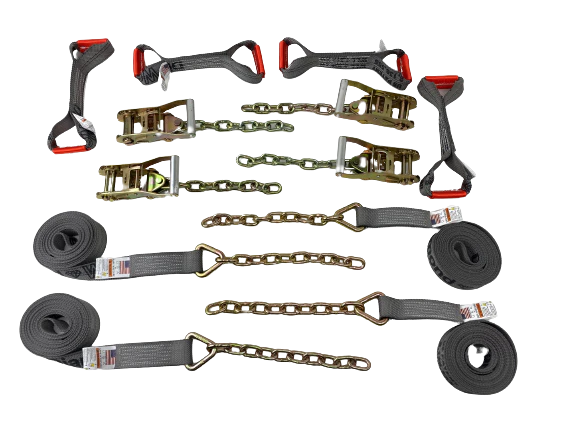 Diamond Weave - 8 Point 14' Strap Kit - Rollback/Flatbed Tie Downs with 12" Chain Tail
