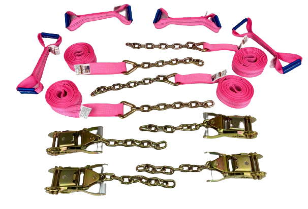 Diamond Weave - 8 Point 14' Strap Kit - Rollback/Flatbed Tie Downs with 12" Chain Tail