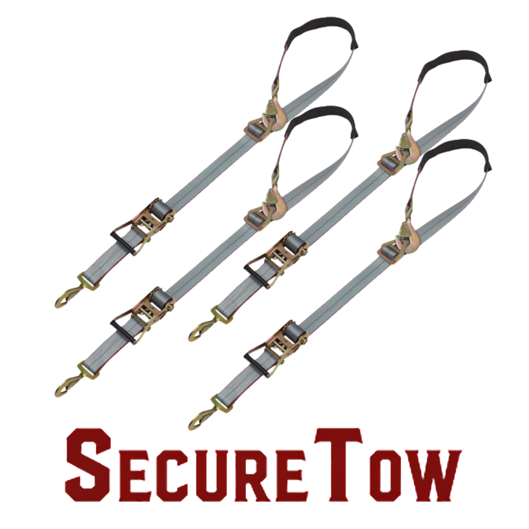 Súprava na uviazanie nápravy s račňovými popruhmi s karabínou – SecureTow PVC