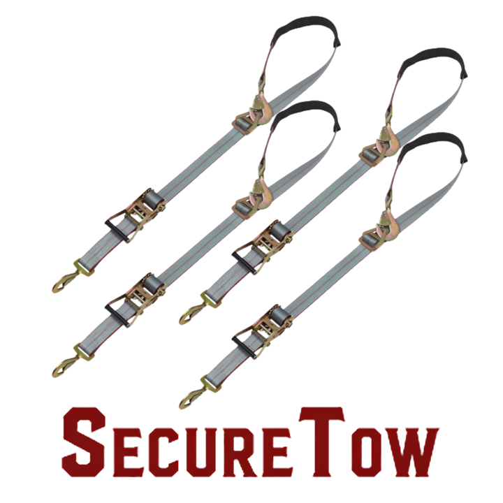 Súprava na uviazanie nápravy s račňovými popruhmi s karabínou – SecureTow PVC