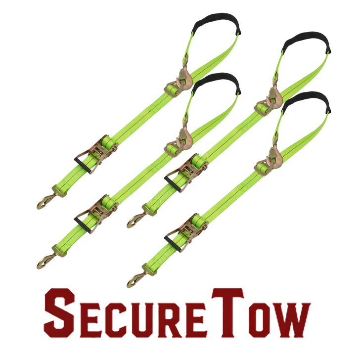 Súprava na uviazanie nápravy s račňovými popruhmi s karabínou – SecureTow PVC
