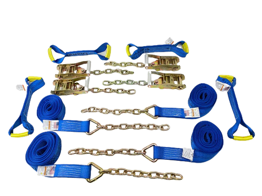 Diamond Weave - 8 Point 14' Strap Kit - Rollback/Flatbed Tie Downs with 12" Chain Tail
