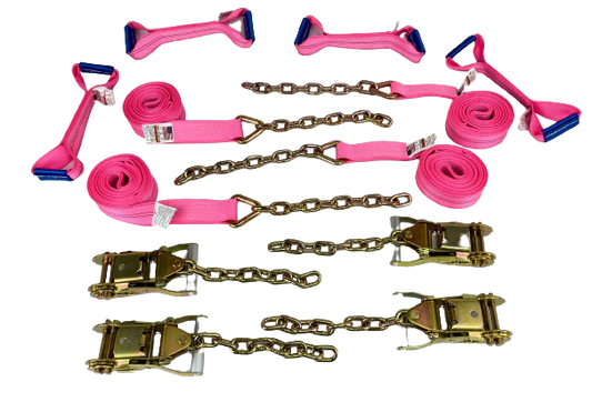 Diamond Weave - 8 Point 14' Strap Kit - Rollback/Flatbed Tie Downs with 12" Chain Tail