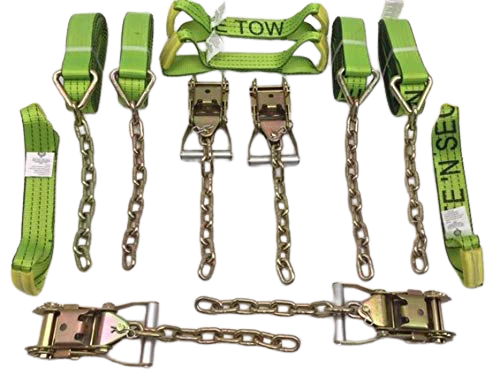 Tecnic - 8 Point 14' Heavy Duty Strap Kit - Rollback/Flatbed Tie Downs with 12" Chain Tail