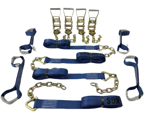 Standard - 8 Point 14' Blue Strap Kit - Rollback/Flatbed Tie Downs with 12" Chain Tail